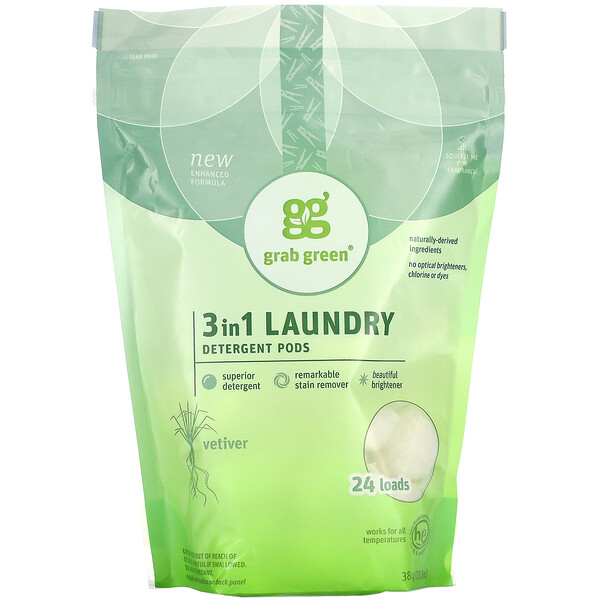 Grab Green‏, 3 in 1 Laundry Detergent Pods, Vetiver, 24 Loads, 15.2 oz (432 g)