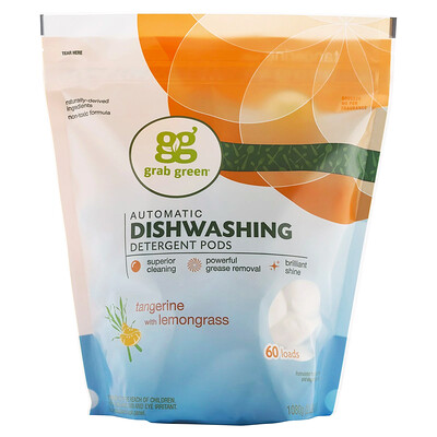 Купить Grab Green моющее средство для автоматических посудомоечных машин в таблетках, без запаха, 60 загрузок, 1080 г (2 фунта, 6 унций)
