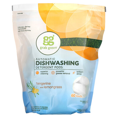 Grab Green моющее средство для автоматических посудомоечных машин в таблетках, без запаха, 60 загрузок, 1080 г (2 фунта, 6 унций)