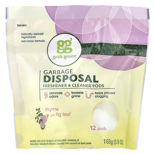 Grab Green Garbage Disposal Freshener & Cleaner Pods, Thyme with Fig Leaf, 12 Pods, 5.9 oz (168 g)