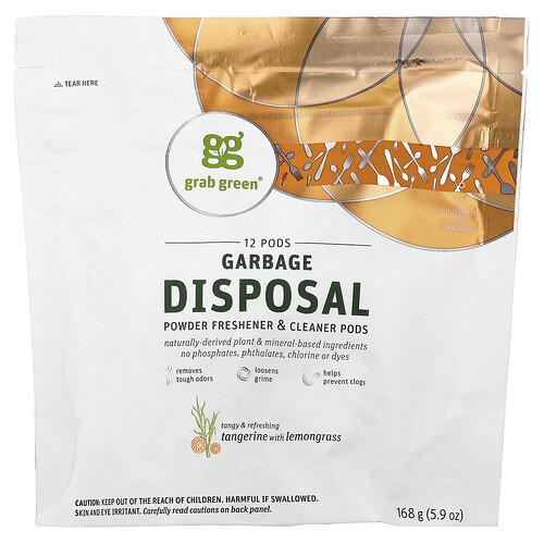 Grab Green, Garbage Disposal Freshener & Cleaner Tabs, Erfrischungs- und Reiniger-Pods zur Müllentsorgung, Mandarine mit Zitronengras, 12 Tabs, 168 g (5,9 oz.)