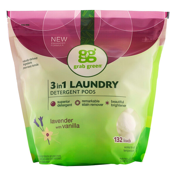Grab Green‏, 3-in-1 Laundry Detergent Pods, Lavender,132 Loads, 5lbs, 4oz (2,376 g)