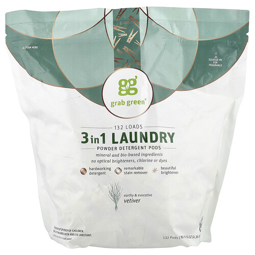 Grab Green, Tabletas de Detergente 3 en 1, Vetiver, 132 Loads, 5 lbs 4 oz (2376 g)