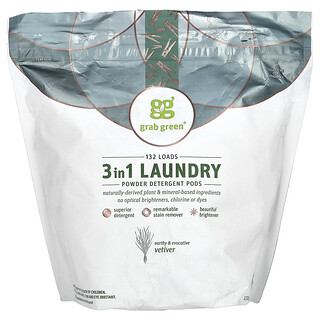 Grab Green, Detergent cu pulbere 3 în 1 pentru rufe, vetiver, 132 încărcări, 4 lb (2.112 g)