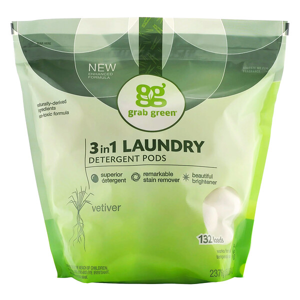Grab Green‏, 3 in 1 Laundry Detergent Pods, Vetiver,132 Loads, 5lbs, 4oz (2,376 g)