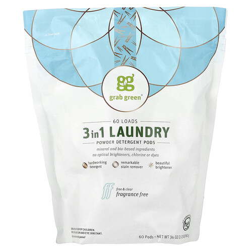 Grab Green, 3-in-1-Waschmittelkapseln, ohne Duftstoffe, 60 Waschgänge, 1.080 g (2 lbs.)