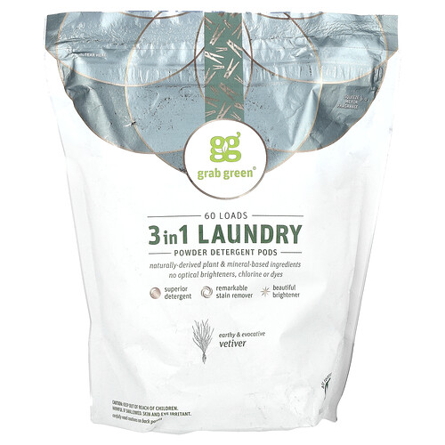 Grab Green 3-in-1 Laundry Powder Detergent Pods, Vetiver, 60 Loads, 2 lbs, 2 oz (960 g)