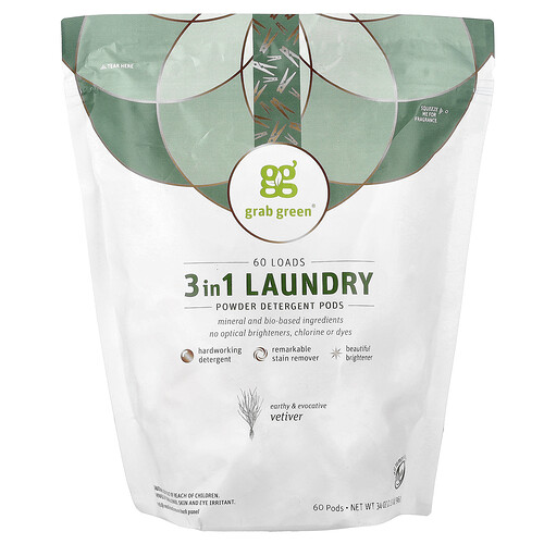 Grab Green, 3-in-1 Laundry Powder Detergent Pods, Vetiver, 60 Loads, 2 lbs, 2 oz (960 g)
