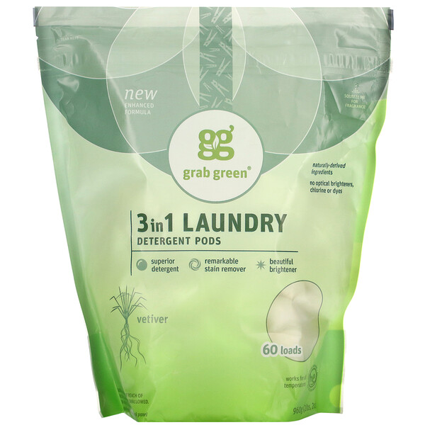 Grab Green‏, 3-in-1 Laundry Detergent Pods, Vetiver, 60 Loads, 2 lbs