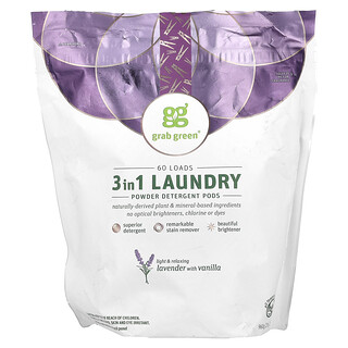 Grab Green, Paste de detergent 3 în 1 pentru rufe pudră, lavandă cu vanilie, 60 de încărcări, 2 lbs 2 oz (960 g)