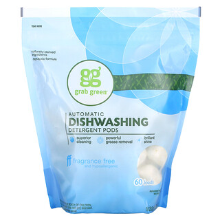 Grab Green, Cápsulas de detergente para lavavajillas automáticos, Sin fragancia, 60 cargas, 1080 g (2 lb 6 oz)
