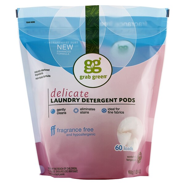 Grab Green, Delicate Laundry Detergent Pods, Fragrance Free, 60 Loads