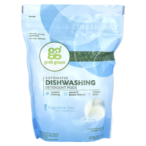 Grab Green Automatic Dishwashing Detergent Pods, Fragrance Free, 24 Loads, 15.2 oz (432 g)