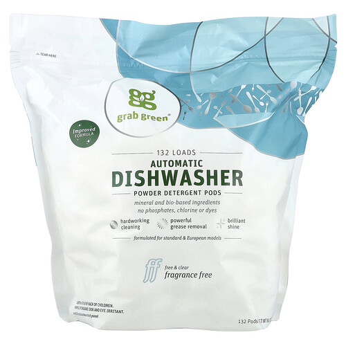 Grab Green, Cápsulas de detergente en polvo para lavavajillas automáticos, Sin fragancia, 132 cargas, 2376 g (5 lb 4 oz)