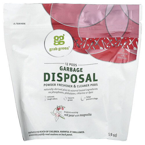 Grab Green, Deodorante e detergente per lo smaltimento dei rifiuti in cialde, Pera rossa con magnolia, 12 baccelli, 168 g