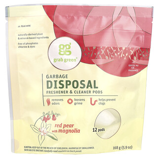 Grab Green, Ambientador y limpiador para triturador de basura, pera roja con magnolia, 12 pastillas, 5,9 onzas (168)