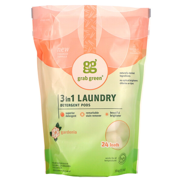 Grab Green‏, טבליות למכונת הכביסה 3 ב-1, גרדניה, 24 מכונות, 384 גרם (oz 13.5)