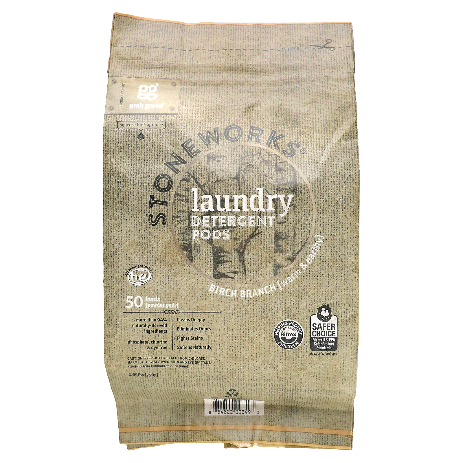 Grab Green, Stoneworks, Laundry Detergent Pods, Birch Branch, 50 Loads