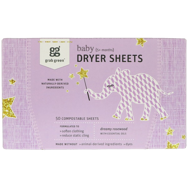 Grab Green, Dryer Sheets, Baby, Dreamy Rosewood with Essential Oils, 5+ Months, 50 Compostable