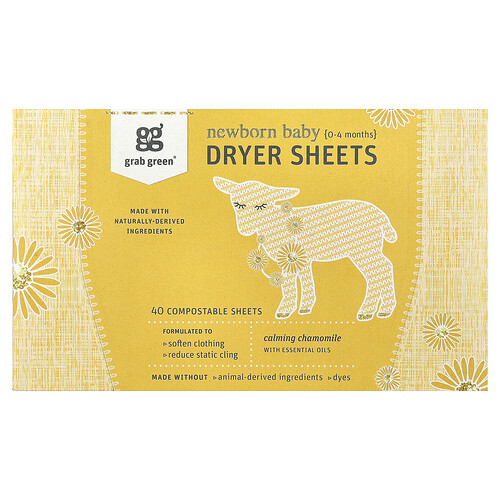 Grab Green, Babytrockner-Laken für Neugeborene, 0-4 Monate, beruhigende Kamille, 40 kompostierbare Laken