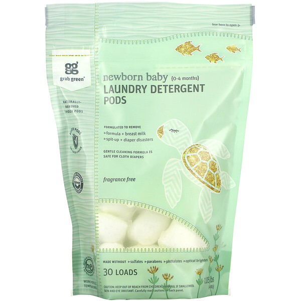 Grab Green‏, Newborn Baby Laundry Detergent Pods, 0-4 Months, Fragrance Free, 30 loads