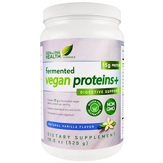 Genuine Health Corporation, Ферментированный веганский протеин +, поддержка пищеварения, натуральный ванильный вкус, 18.5 унции(525 г)