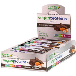 Genuine Health Corporation, Ферментированные веганские протеины +, темный шоколад, миндаль, 12 протеиновых батончика, по 1.94 унции(55 г) каждый