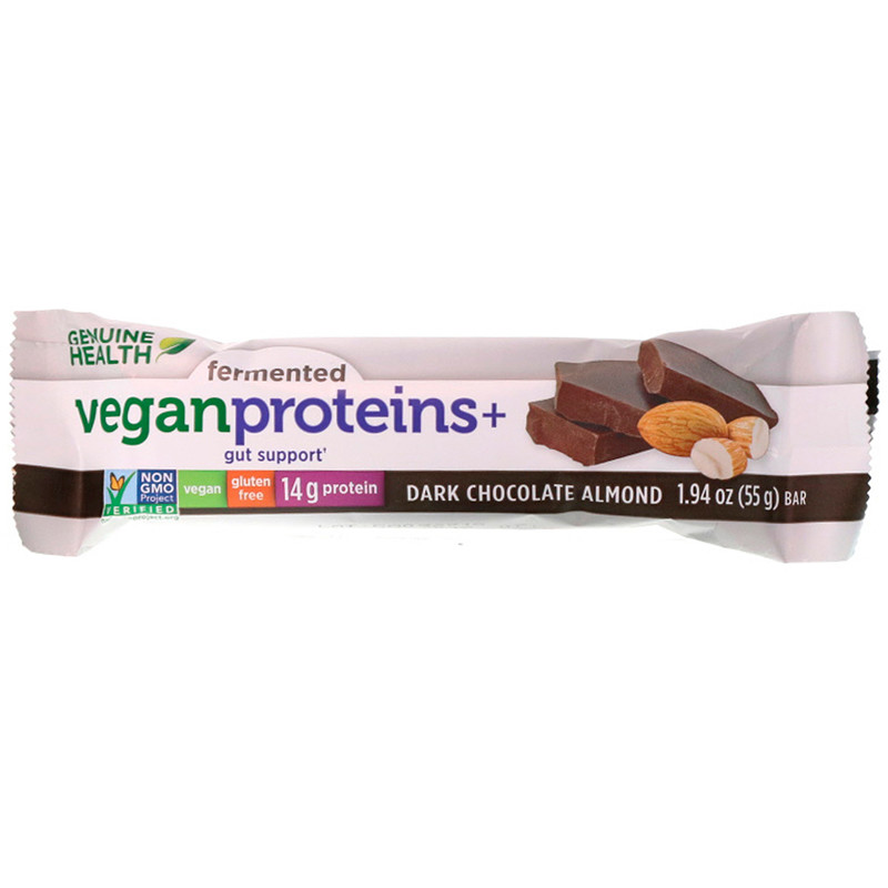 Genuine Health, Fermented Vegan Proteins+, Dark Chocolate Almond, 12 Protein Bars, 1.94 oz (55 g