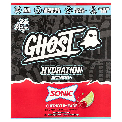 Ghost, Hydration Electrolytes+, Sonic® Cherry Limeade, 24 On-The-Go Sticks, 0.32 oz (9 g) Each