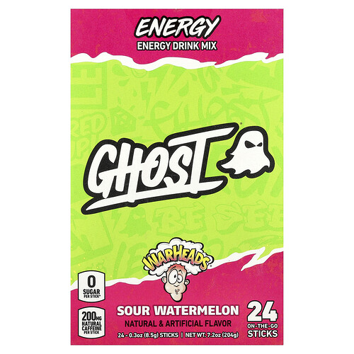 Ghost, Energy Drink Mix, Warheads®, Sour Watermelon, 24 On-The-Go Sticks, 0.3 oz (8.5 g) Each