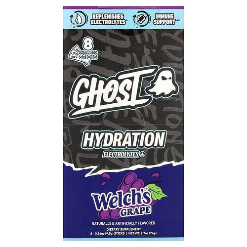 Ghost, Hydration Electrolytes+, Welch's® Grape, 8 On-The-Go Sticks, 0.34 oz (9.5 g) Each