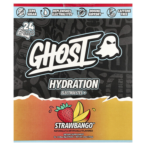 Ghost, Hydration Electrolytes+, Strawbango™, 24 On-The-Go Sticks, 0.28 oz (8 g) Each