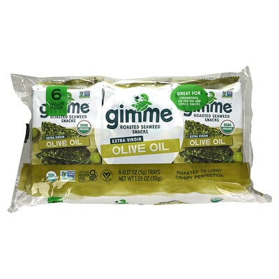 gimMe премиальные жареные морские водоросли, нерафинированное оливковое масло высшего качества, 6 пакетиков 5 г (0,17 унции) каждый