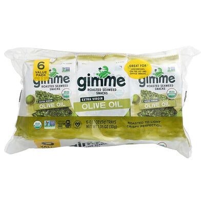 Product Image for gimMe, Roasted Seaweed Snacks, Extra Virgin Olive Oil, 6 Trays. 0.17 oz (5 g) Each