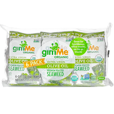 gimMe Premium Roasted Seaweed, Extra Virgin Olive Oil, 6 Pack. 0.17 oz (5 g) Each