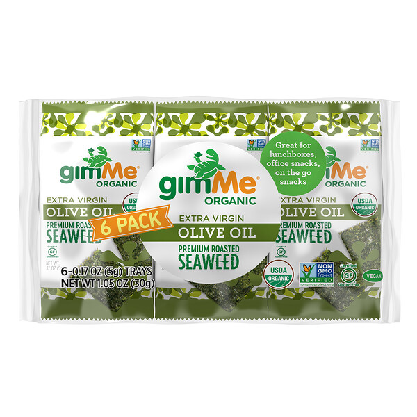 gimMe, Premium Roasted Seaweed, Extra Virgin Olive Oil, 6 Pack. 0.17 oz (5 g) Each 