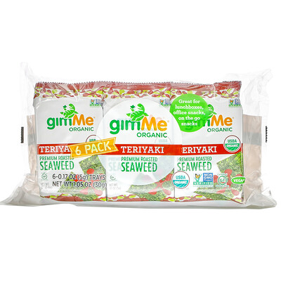 gimMe Premium Roasted Seaweed, Teriyaki, 6 Pack, 0.17 oz (5 g) Each