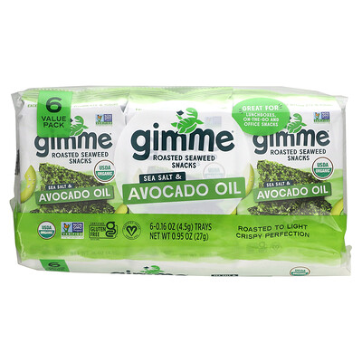 gimMe Премиальные обжаренные водоросли, морская соль и масло авокадо, 6 шт. 4,5 г (0,16 унции) каждый
