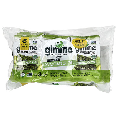 Product Image for gimMe, Roasted Seaweed Snacks, Sea Salt & Avocado Oil, 6 Trays, 0.16 oz (4.5 g) Each