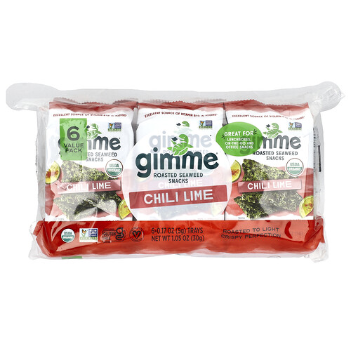gimMe, Pražené morské riasy, čili a limetka, balenie 6 kusov, 5 g (0,17 oz)