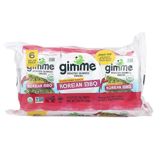 gimMe, Spuntini con alghe tostate, BBQ coreano, 6 buste, 5 g ciascuna