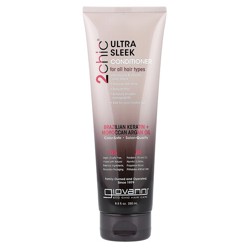 Giovanni, 2chic®, Acondicionador ultraelegante, Para todo tipo de cabello, Queratina brasilera y aceite de argán marroquí, 250 ml (8,5 oz. líq.)