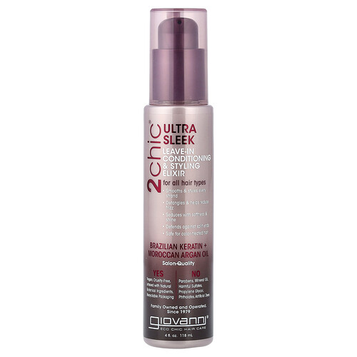 Giovanni, 2chic®, Ultra Sleek Leave-In Conditioning & Styling Elixir, For All Hair Types, Brazilian Keratin + Moroccan Argan Oil, 4 fl oz (118 ml)