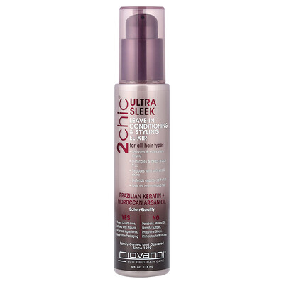 Giovanni, 2chic®, Elixir acondicionador y peinado ultraelegante sin enjuague, Para todo tipo de cabello, Queratina brasilera y aceite de argán marroquí, 118 ml (4 oz. líq.)
