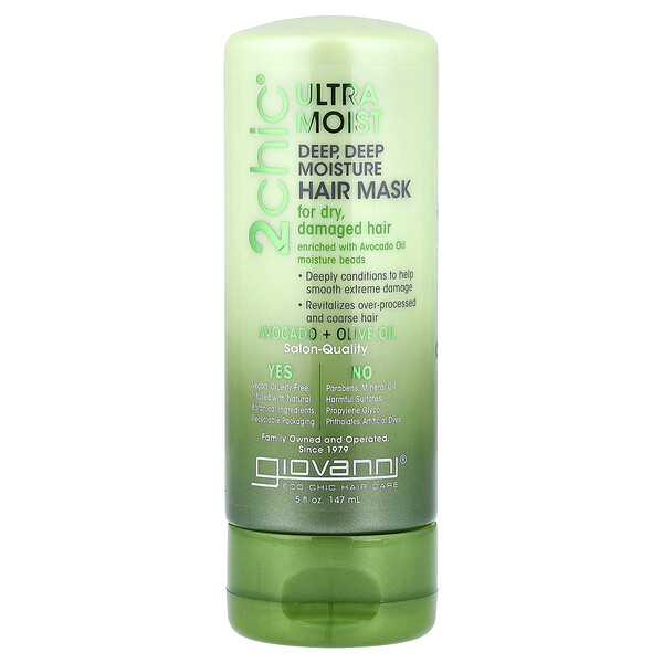 Giovanni 2chic®, Ultra-Moist Deep Deep Moisture Hair Mask, For Dry, Damaged Hair, Avocado + Olive Oil, 5 fl oz (147 ml)