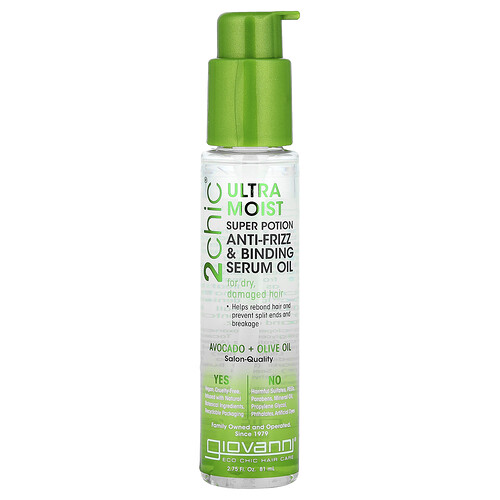 Giovanni, 2chic®, Ultra-Moist Super Potion Anti-Frizz & Binding Serum Oil, For Dry, Damaged Hair, Avocado + Olive Oil, 2.75 fl oz (81 ml)