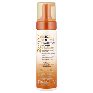 Giovanni, 2chic®, Mousse en espuma para peinar con volumen ultra, Para cabello fino y frágil, Papaya y manteca de mandarina, 207 ml (7 oz. líq.)