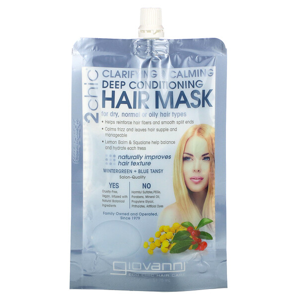 2chic, Clarifying & Calming, Deep Conditioning Hair Mask, For Dry, Normal or Oily Hair Types, Wintergreen + Blue Tansy, 1 Packet, 1.75 fl oz (51.75 ml)