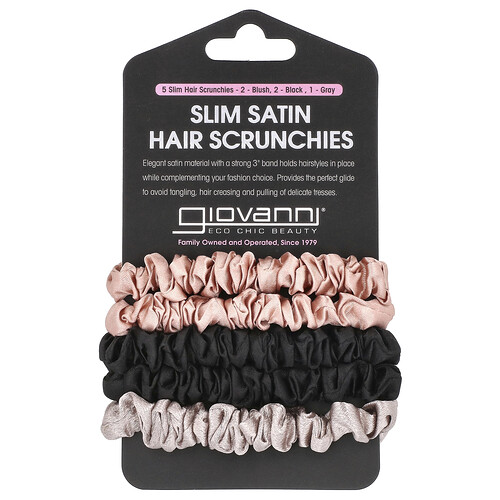Giovanni, Slim Satin Hair Scrunchies, Blush, Black, Gray, 5 Scrunchies