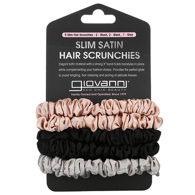 Giovanni Slim Satin Hair Scrunchies, Blush, Black, Gray, 5 Scrunchies